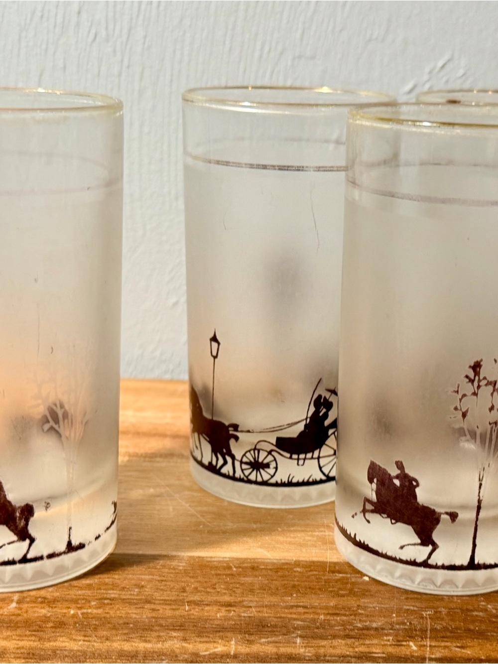 Vintage Frosted Highball Glasses with Black Silhouette Horse & Carriage Design - Picture 3 of 10